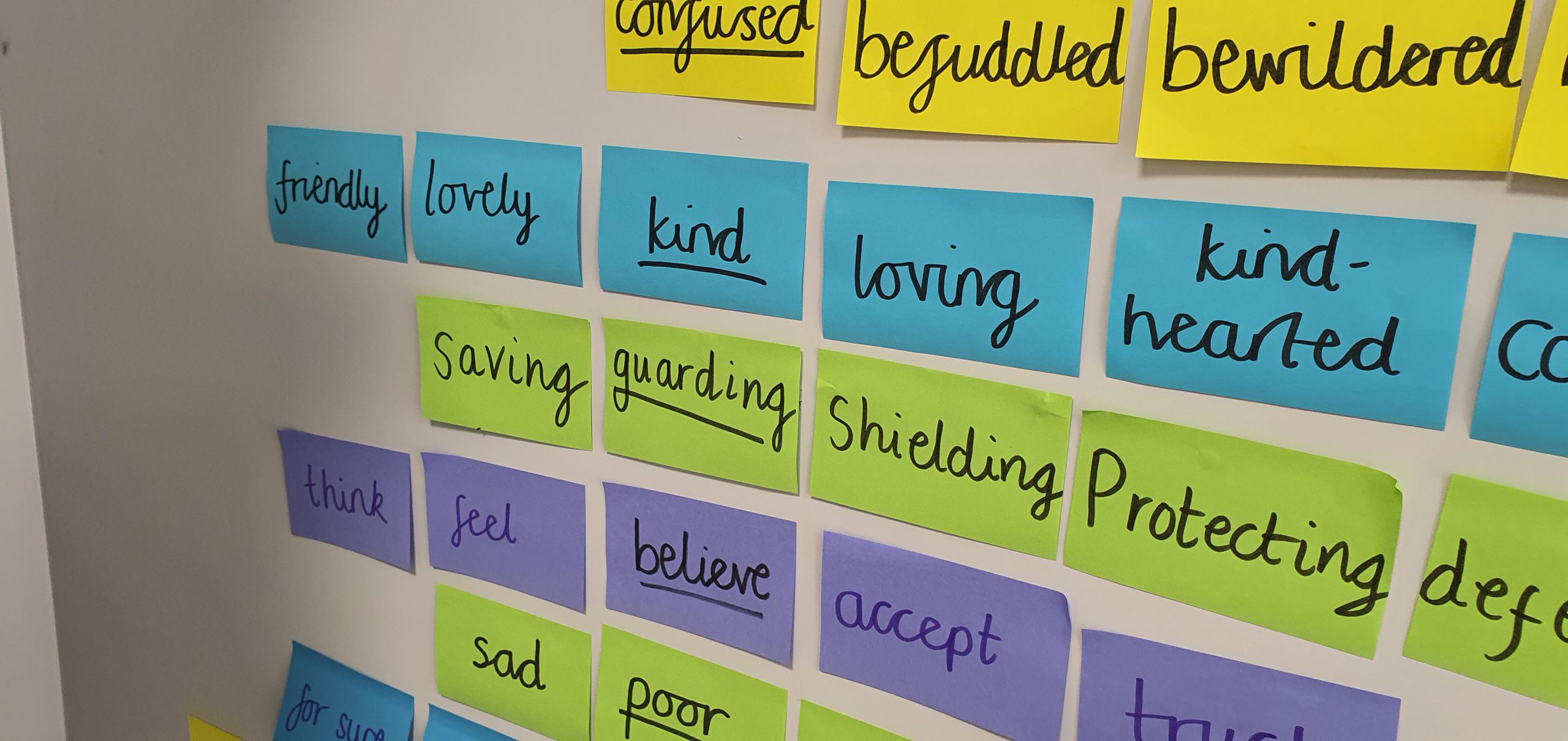 A picture of a noticeboard iwth post-it notes on with words from the dictionary on it.